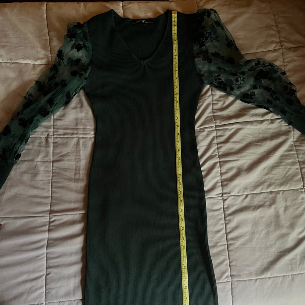 🎉HP🎉 Almost Famous Green Sweater Dress Organza Long Sleeve with Black Flowers - Picture 8 of 10